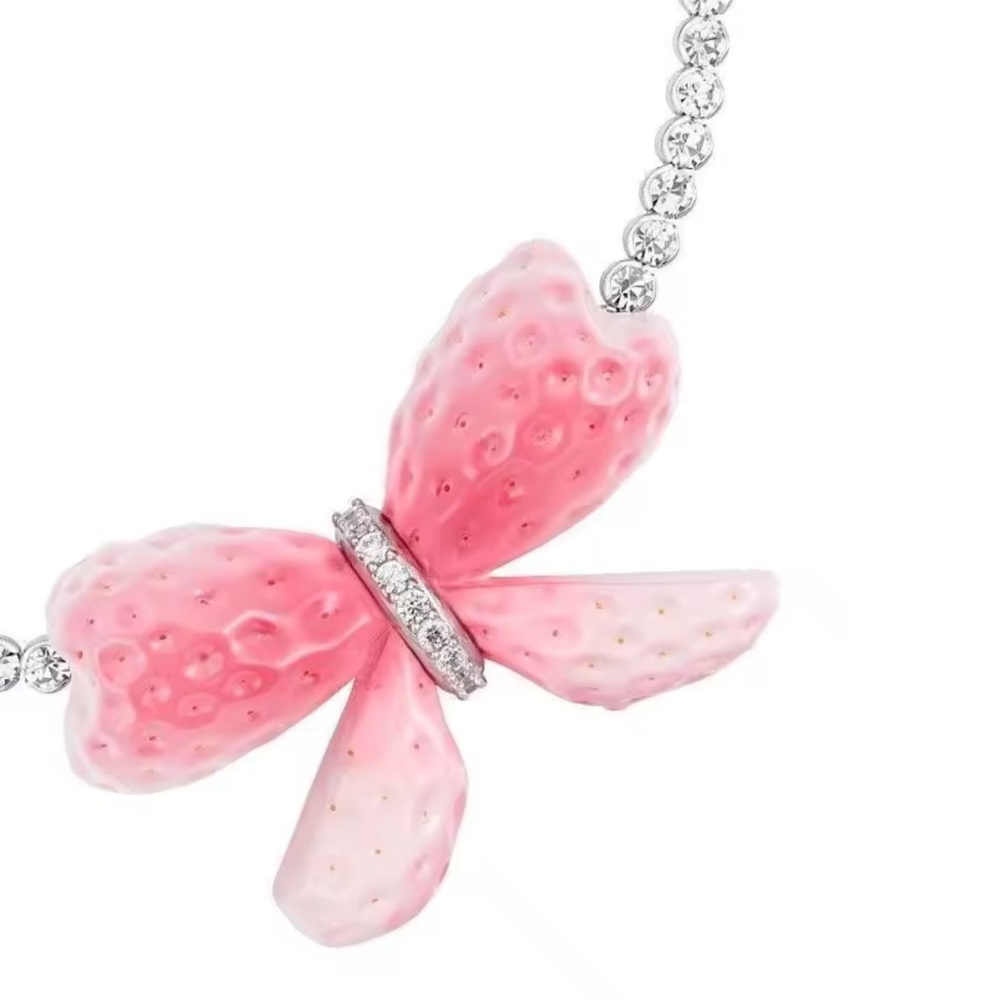Pink Butterfly Strawberry Pendant Necklace/Chocker - Picture 2 of 3